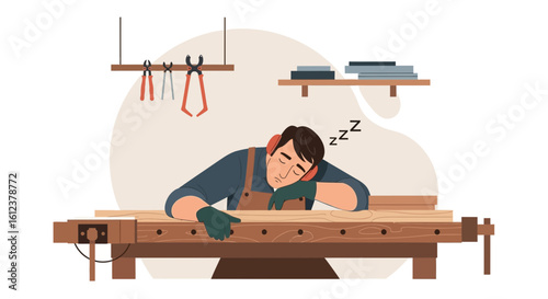 Tired Carpenter Napping At His Workbench After A Long Day Of Working
