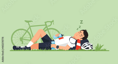 Tired Cyclist Sleeping On The Grass After Long Ride Or Training