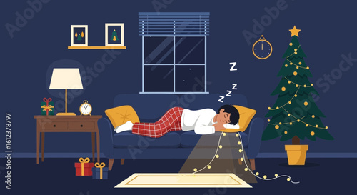 Tired Man Fall Asleep on Couch After Festive Christmas Celebration Evening