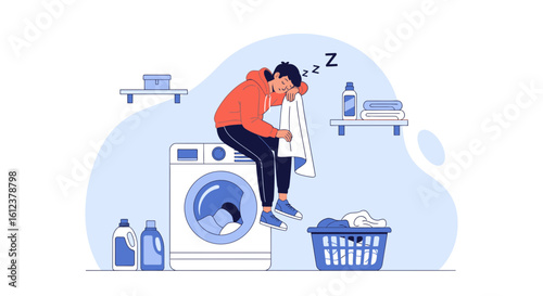 Tired Man Sleeping On Washing Machine After Laundry Day Activities