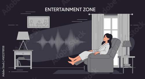 Woman relaxing in a modern entertainment zone, enjoying music or meditation, finding calm and peace at home in her cozy sanctuary