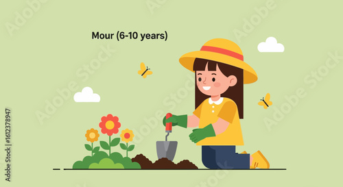 Youngster Enjoying Planting Flowers In The Garden On A Sunny Day