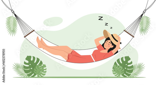 Woman Relaxing In Hammock Enjoying Summer Vacation In Tropical Location