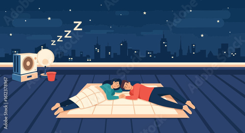 Romantic Night Sleeping Under Stars On Rooftop City Skyline Background