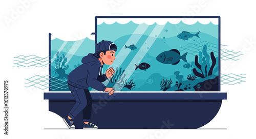 Youngster Observing Underwater World Enthralled In Marine Tank At Home