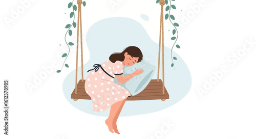 Woman Relaxing On A Wooden Swing, Peaceful Nap Amidst Gentle Breezes