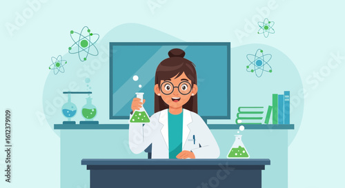 Woman Scientist Holding Flask Cartoon Illustration Exploring Laboratory Science