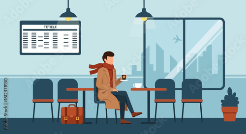 Traveling Man Having Coffee In Airport Lounge While Waiting For Flight