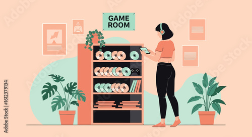 Trendy Woman Arranging a Video Game Collection In Room