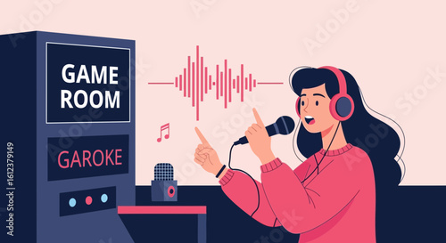 Woman Singing Karaoke In Game Room Having Fun With Musical Expression