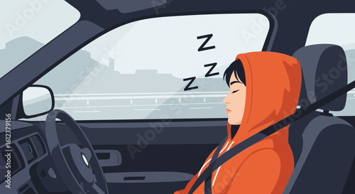 Woman Sleeping In Car During Road Trip Wearing Seat Belt In Safety