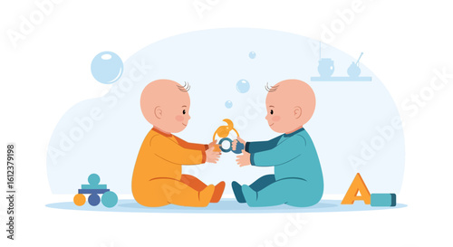 Two adorable babies playing together with a colorful toy in a whimsical nursery setting