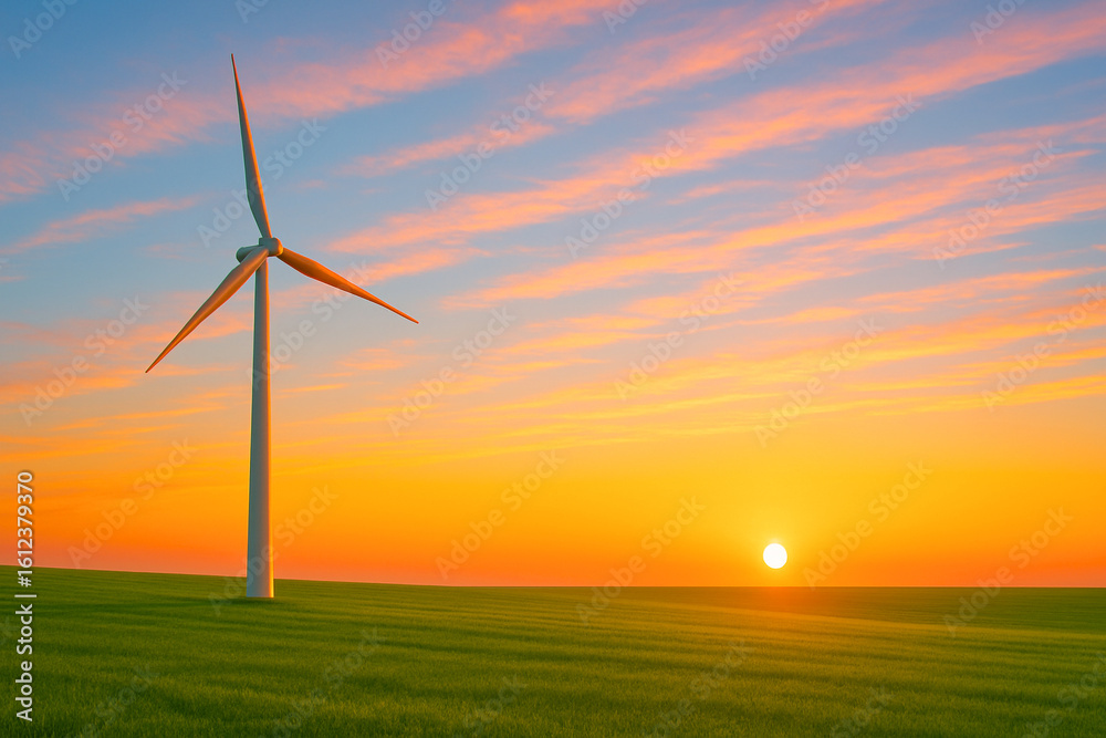 Fototapeta premium Lone Wind Turbine Silhouetted Against Colorful Sunset Sky Over Green Field