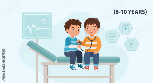 Two Young Boys Role Playing Doctor at the Clinic Illustration