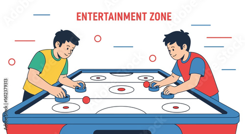 Two Youngsters Enjoying Air Hockey At An Entertainment Zone Indoors