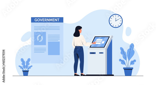 Woman Using Government Kiosk For Services And Information Access