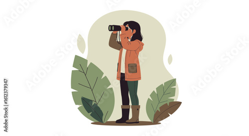 Woman With Binoculars Discovering Nature Scenery In the Outdoors