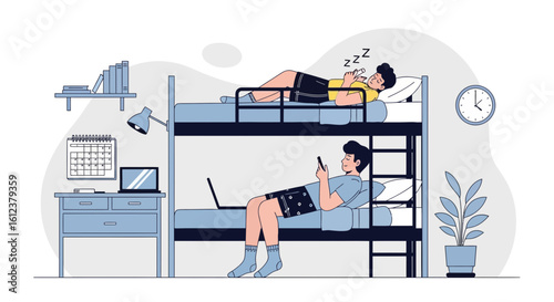 University Roommates In Bunkbeds Texting Sleeping College Lifestyle Illustration