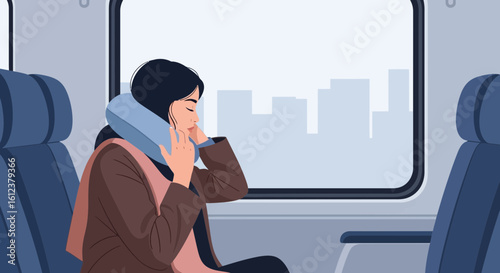 Woman With Neck Pillow Traveling By Train To Cityscape Destination