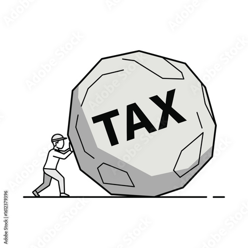 Man pushing a giant tax burden isolated on white background