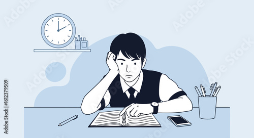 Worried Student Concentrating Hard On Homework At Desk In Study Room