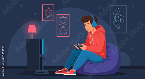 Young Gamer Immersed In Video Game From Comfort Of Beanbag Chair