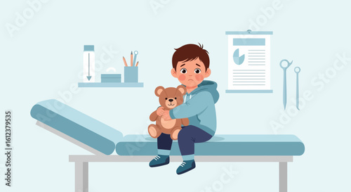 Worried young boy holding teddy bear at the doctor's office showing anxiety about medical examination, health visit