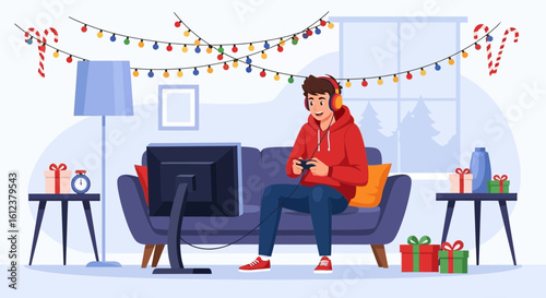 Young Gamer Enjoying Holiday Season With Festive Decorations and Exciting Video Game