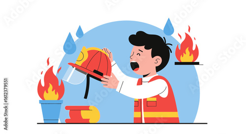 Worried Fireman Wearing Gear Surrounded By Flames In Urgent Situation