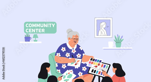 Senior Woman Conducts Art Class For Adults At Community Center Or Art Studio