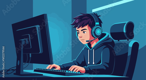 Young Gamer Immersed In Virtual World Playing Online In Dark Blue Environment