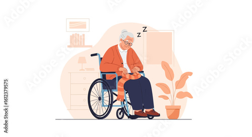 Senior Woman Napping Peacefully In Wheelchair At Her Comfort Home Illustration