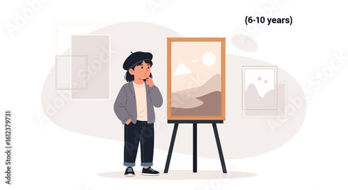 Young Artist Contemplating Landscape Painting In An Art Exhibition