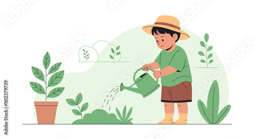 Young Gardener Waters Plants In A Peaceful Setting With Soft Colors