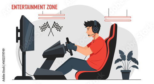 Virtual Race Enthusiast Immersed In Simulated Competition At Home Gaming Station