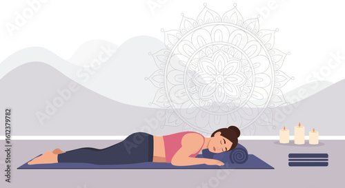 Serene Relaxation Practicing Restorative Yoga Pose With Mandala And Candles