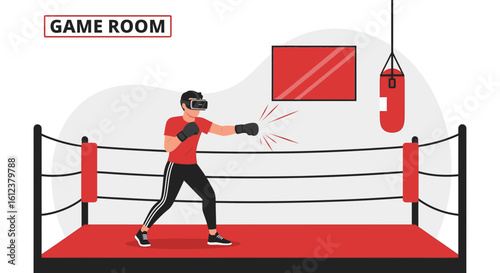 Virtual reality boxing simulation in a game room for fitness and entertainment