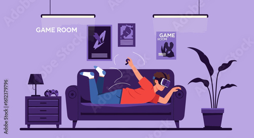 Virtual reality gaming session in a stylish game room with modern furniture and decorations enjoying immersive technology experiences