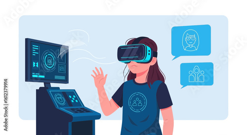 Young Girl Immersed In Futuristic Virtual Reality Simulation Experience