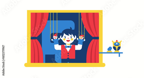 Whimsical Cartoon Illustration of a Puppet Show Performer and Theater Design