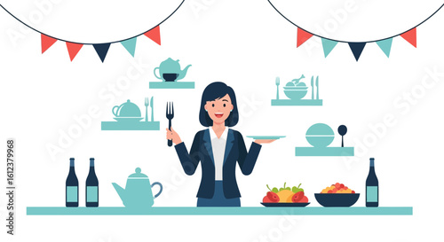 Welcoming Receptionist Offering Elegant Food Service And Culinary Presentation