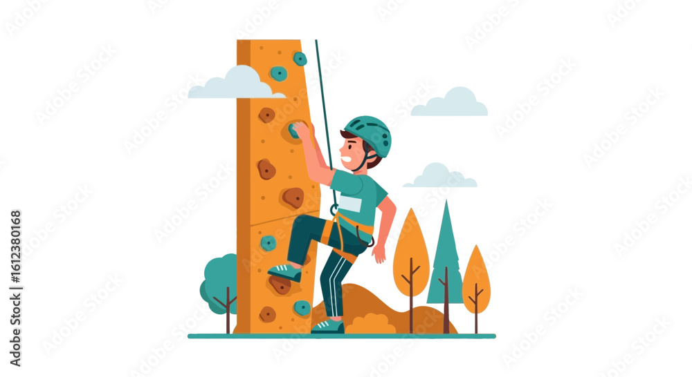 Obraz premium Young Man Actively Climbing An Indoor Wall In Cartoon Illustration Style