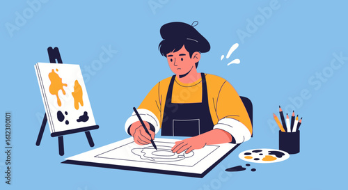 Young Artist In Beret Creates Artwork In Studio Painting With Pencils