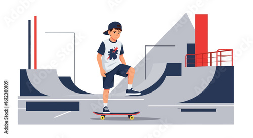 Skater Boy Preparing for Action at the Skatepark With Urban Backdrop