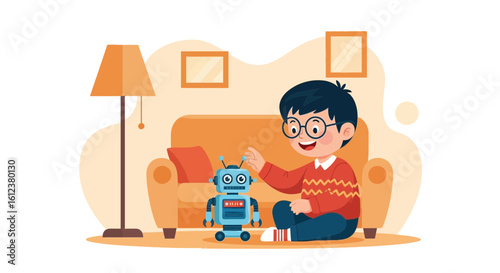 Young Inventor Having Fun With His Robotic Toy In The Living Room