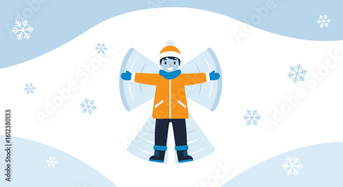 Winter Fun Boy Playing Making Snow Angel In Snowy Scenery