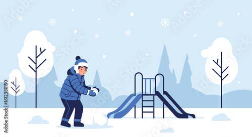 Winter Fun Child Enjoying Snowball Fight At Snowy Park Playgrounds Vector