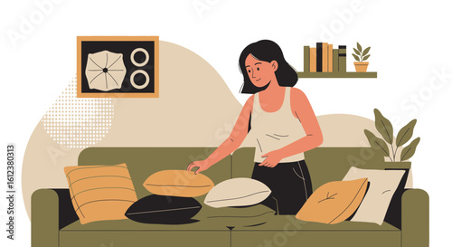 Woman arranging decorative cushions on sofa in cozy living room illustration