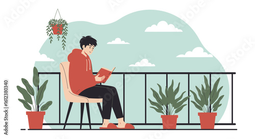 Young Man Enjoying Literature on Balcony with Plants And Relaxing Atmosphere