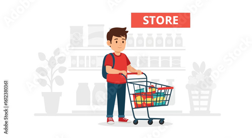 Young Man Enjoying Grocery Shopping At The Store With A Full Cart